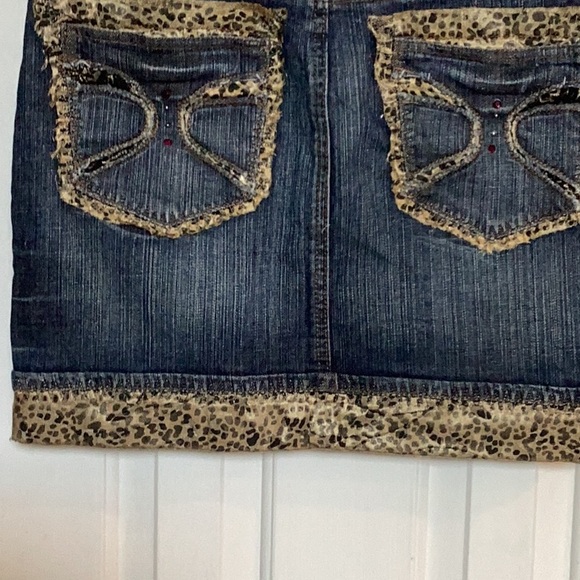 Cache Vintage Denim Skirt w/ Leopard/Lace/Crystal Embellishments - Picture 3 of 11